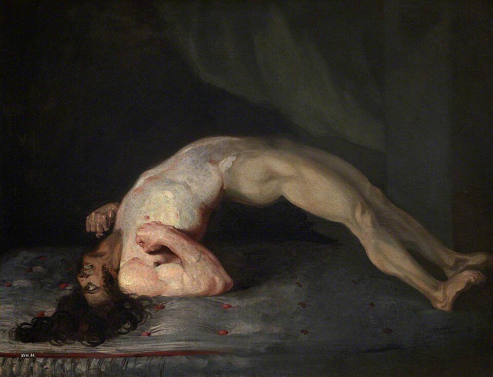 Tétano: Opisthotonus in a patient suffering from tetanus - Painting by Sir Charles Bell - 1809.jpg